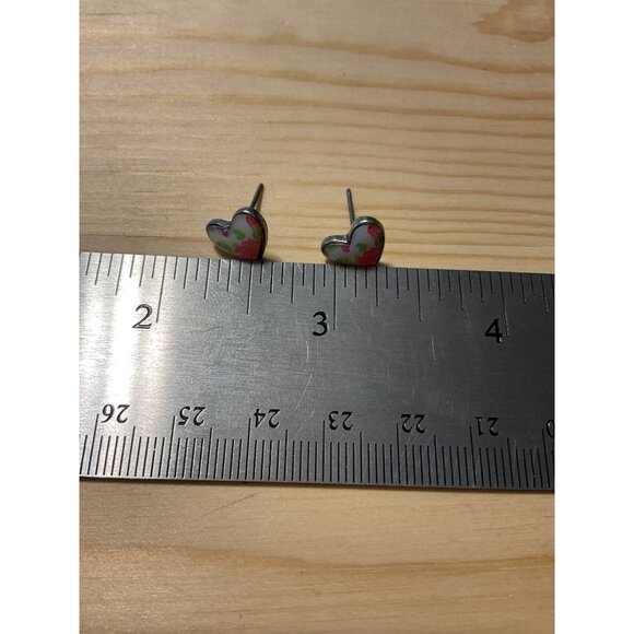Heart-Shaped Floral Stud Earrings Silver Tone With Pink & Green Accents - Picture 4 of 4